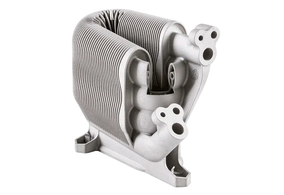 Scambiatore di calore lamellare con canali conformati interni incapsulati per un miglior coefficiente di trasferimento del calore.