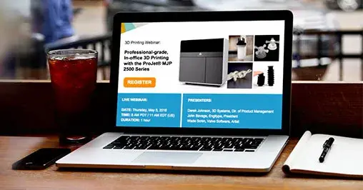 un laptop con informazioni sul webinar da 3D Systems