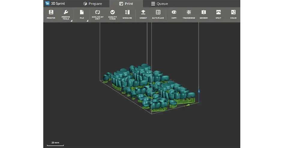acquisizione dello schermo del vassoio di stampa di 3D Sprint pieno di parti odontoiatriche