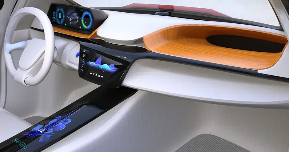 linee futuristiche pulite interno bianco dell’auto, pannelli di controllo a led, con decorazioni della console in legno chiaro