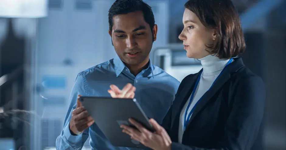 2 persone che parlano e lavorano su un tablet