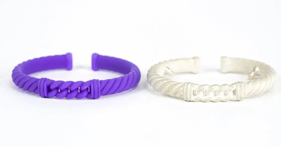 bracciale in cera viola e bracciale identico in argento