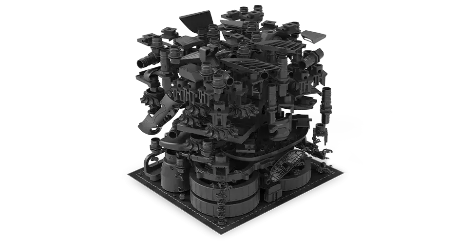 numerose parti stampate in 3D impilate le une sulle altre per una lavorazione ottimale