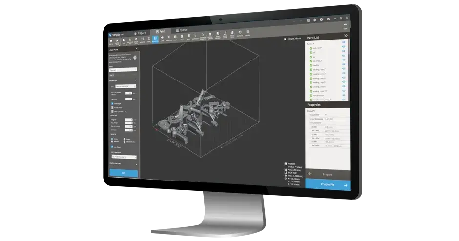 Una vista del software 3D Sprint per la stampante SLA 750