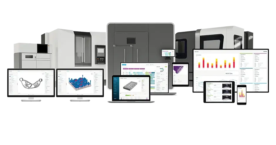 una fila di computer desktop con diverse viste del software Oqton
