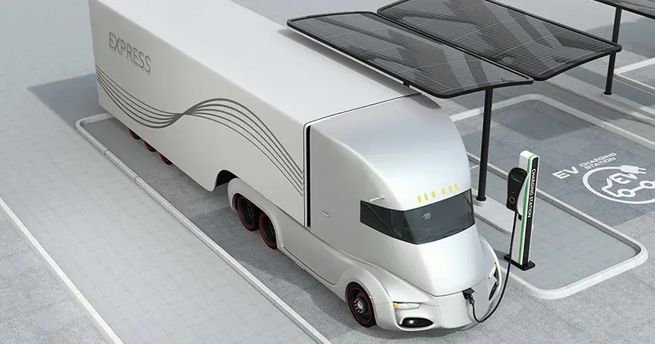 Rendering di un concept di stazioni di ricarica del futuro per camion e autobus elettrici