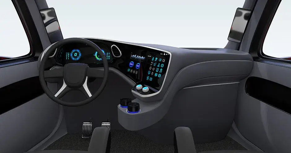 Rendering dell’abitacolo di un camion con elementi di design per l’ergonomia del conducente e il comfort di guida