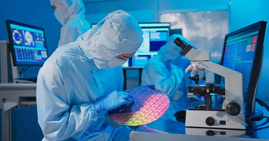 un tecnico tiene in mano un wafer