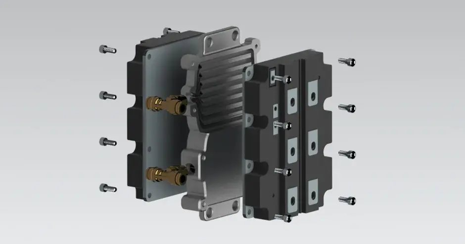 Vista in sezione di tunnel di raffreddamento conformato in un dissipatore di calore per un modulo elettronico stampato mediante la PA in metallo