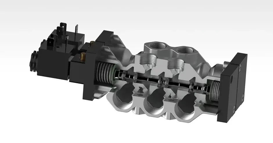 Collettore e corpo valvola in metallo integrato con vista in sezione progettato per il processo di fusione laser a letto di polvere (LPBF) 