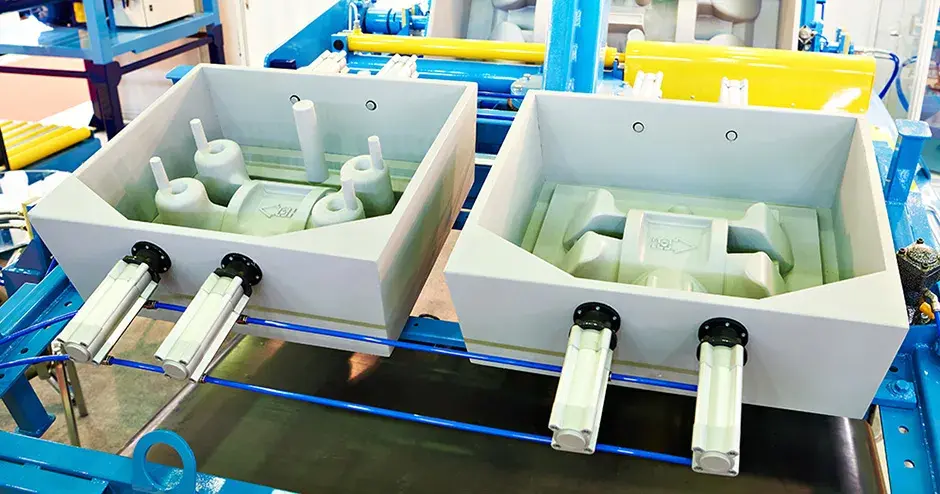 Staffa superiore e staffa inferiore ottenute mediante stereolitografia (SLA) in fase di preparazione per il processo di colata in sabbia  