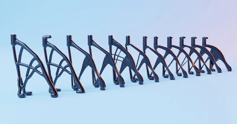 Una fila di parti stampate in 3D che illustrano diverse progettazioni e stampe personalizzate