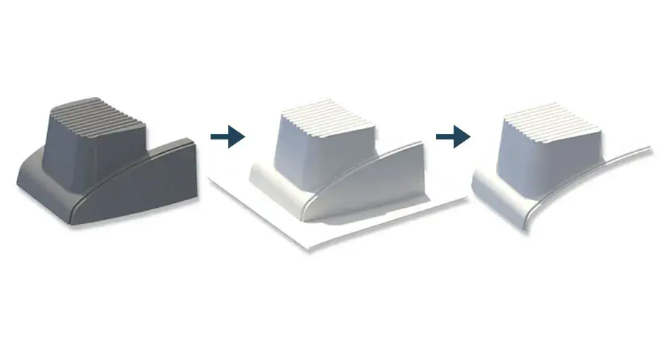 Uno stampo prodotto in modo additivo utilizzato per formare sottovuoto volumi medi di un copriparaurti per treno stampato in Titan Atlas 3.6 con materiale PC-GF10 in pellet