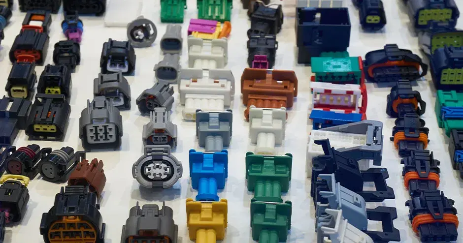 Diversi tipi di connettori elettrici utilizzati nei cablaggi elettrici di un veicolo