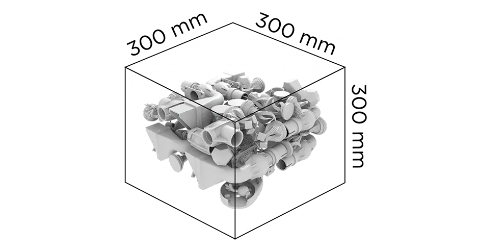 Un grafico che mostra il volume di costruzione della stampante SLS 300
