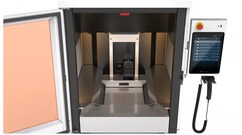 Stampante 3D PSLA 270 aperta che mostra l’interfaccia utente del software